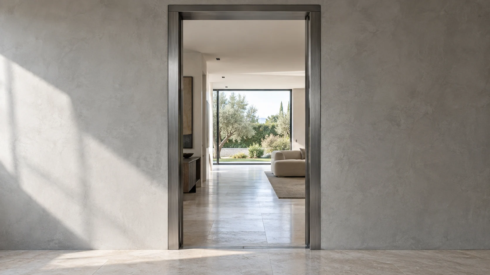 Ambiente contemporaneo oltre una porta in alluminio