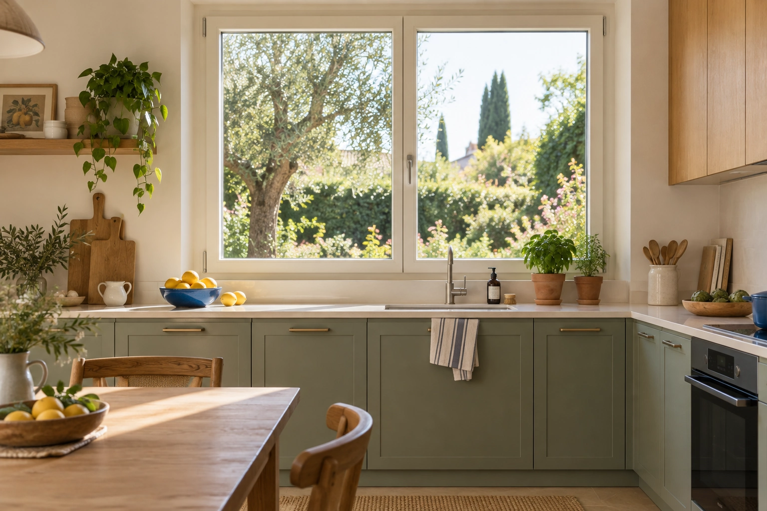 Finestra color avorio in una cucina verde salvia con arredi in legno — ambientazione illustrativa