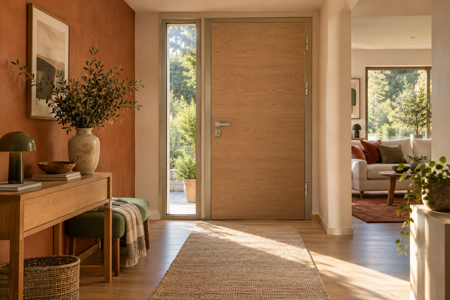 Ingresso di casa con portoncino effetto rovere, arredi e parete terracotta — ambientazione illustrativa
