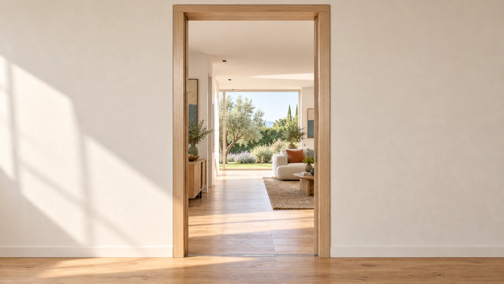 Ingresso con finitura rovere aperto su un soggiorno accogliente — ambientazione illustrativa