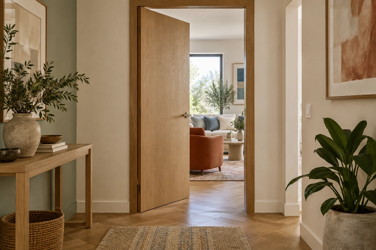 Porta interna effetto rovere tra ingresso arredato e soggiorno — ambientazione illustrativa