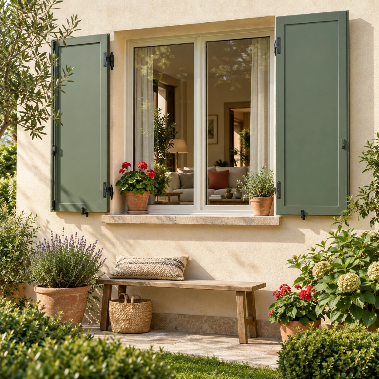 Scuri verde salvia su una facciata di casa con fiori e panca in legno — ambientazione illustrativa