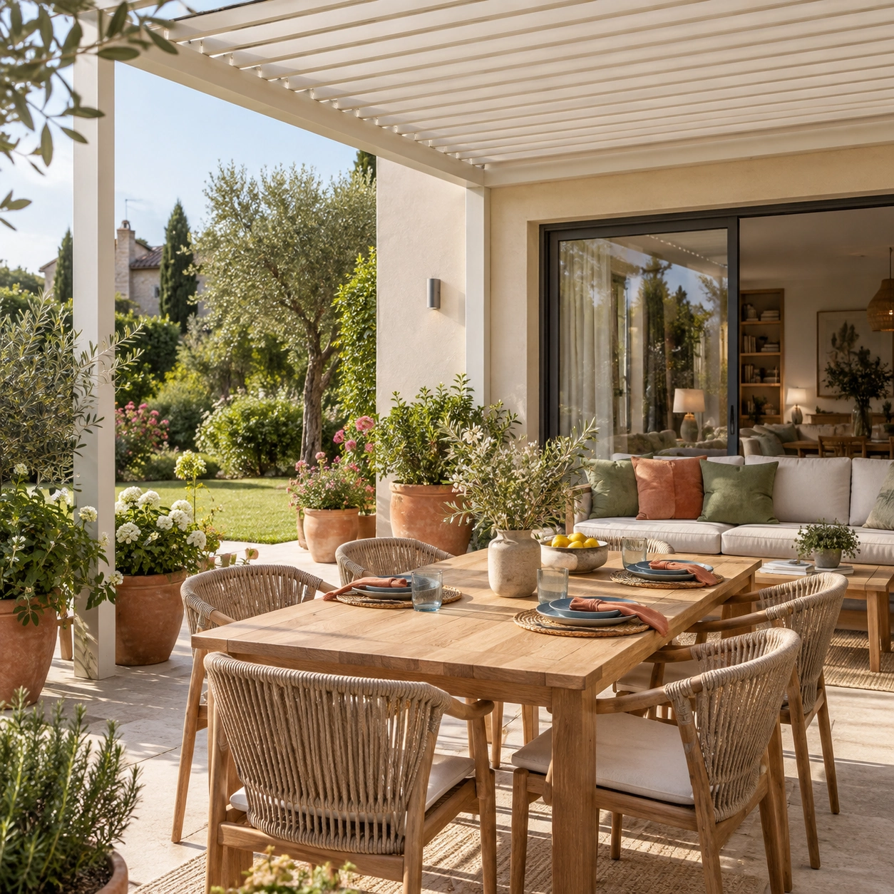 Pompeiana color avorio su un terrazzo con tavola apparecchiata, divano e piante — ambientazione illustrativa
